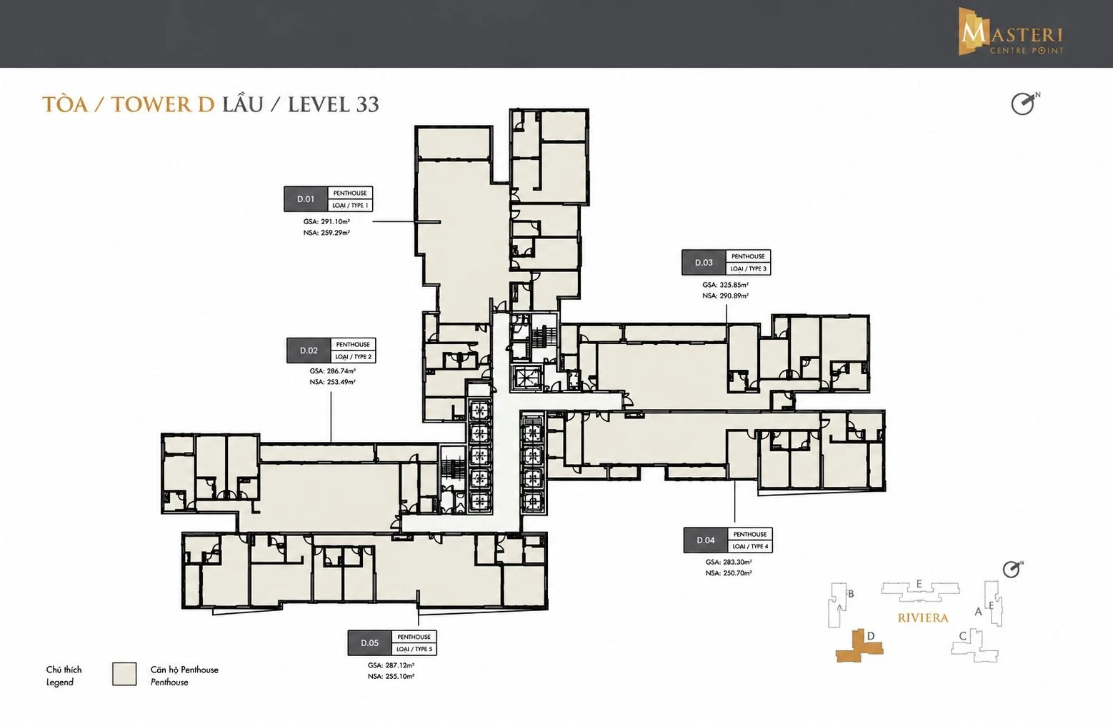 Bản vẽ mặt bằng lầu 33 Tòa D Masteri Centre Point dành riêng cho 5 căn hộ Penthouse hạng sang