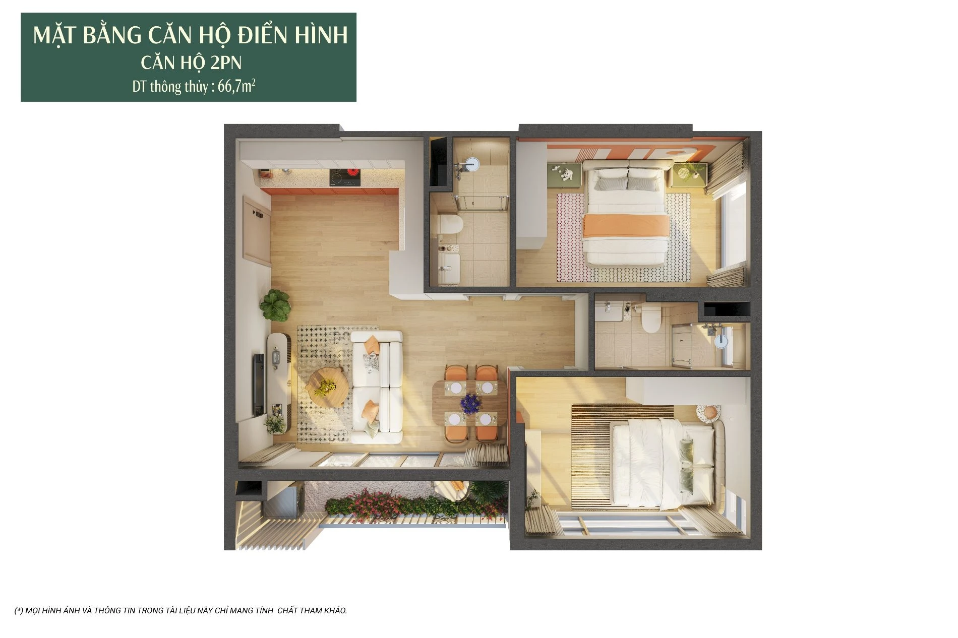 Bản vẽ 3D bóc mái căn hộ 2 phòng ngủ diện tích 66.7m2