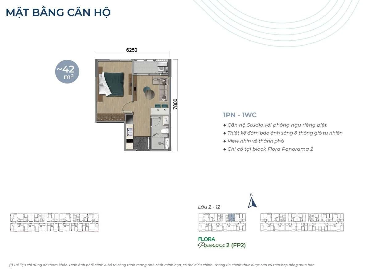 Bản vẽ bóc mái 3D thiết kế căn hộ 1 phòng ngủ 42m2 dự án Flora Mizuki Park