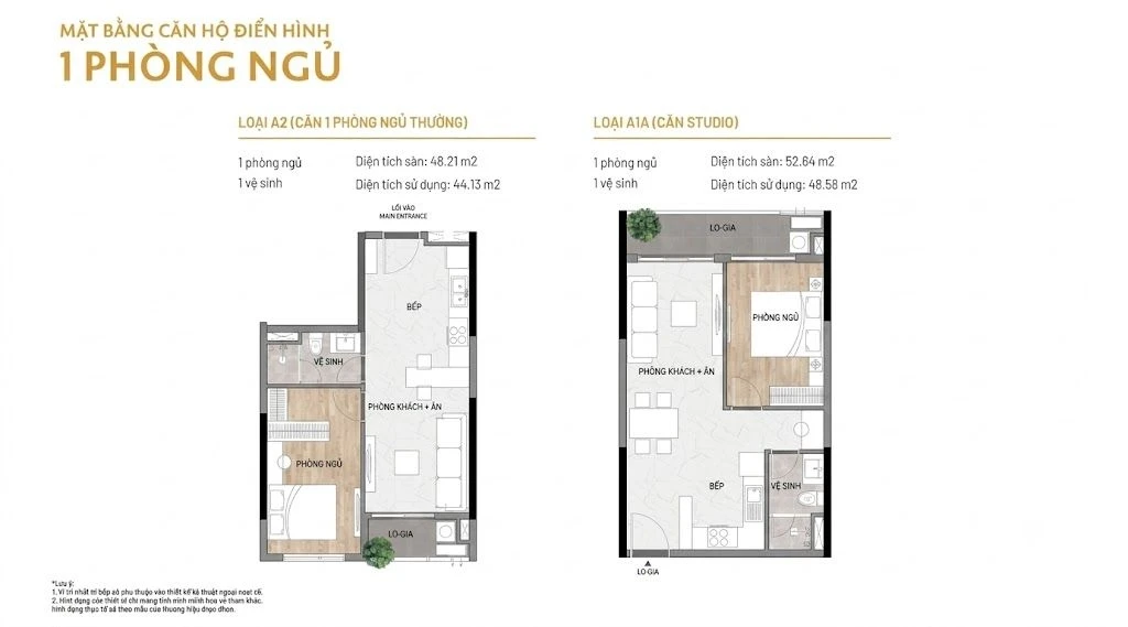 Bản vẽ thiết kế layout căn hộ 1 phòng ngủ loại A2 và A1A dự án chung cư Elysian Thủ Đức