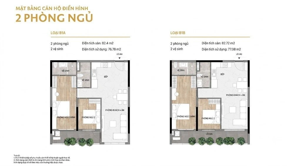 Mặt bằng thiết kế căn hộ 2 phòng ngủ loại B1A và B1B dự án Elysian Thủ Đức