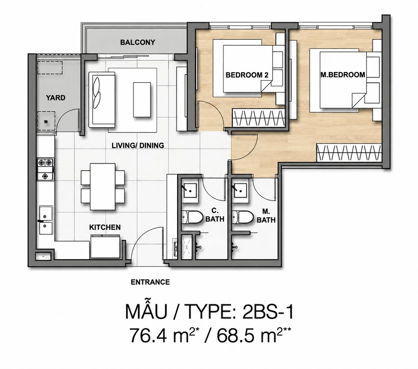 Thiết kế mặt bằng căn hộ 2 phòng ngủ diện tích 76.4m2 mẫu 2BS-1