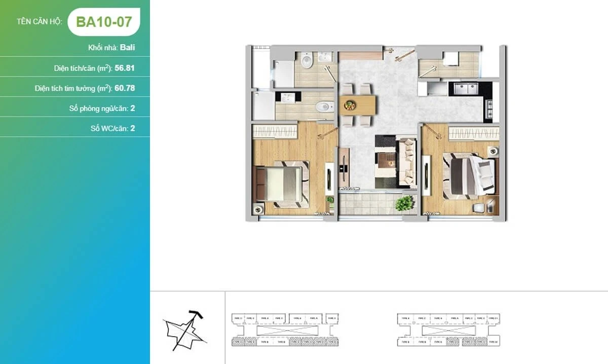Bản vẽ bóc tách mặt bằng căn hộ 2 phòng ngủ BA10-07 tháp Bali New City Thủ Thiêm