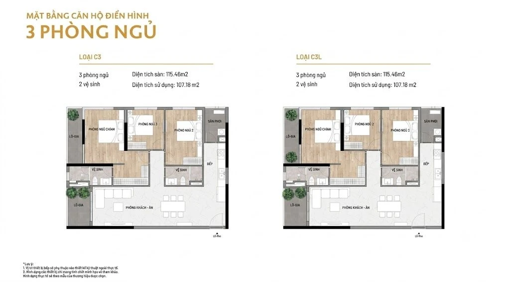 Bản vẽ thiết kế mặt bằng căn hộ 3 phòng ngủ loại C3 và C3L dự án Elysian Gamuda Land