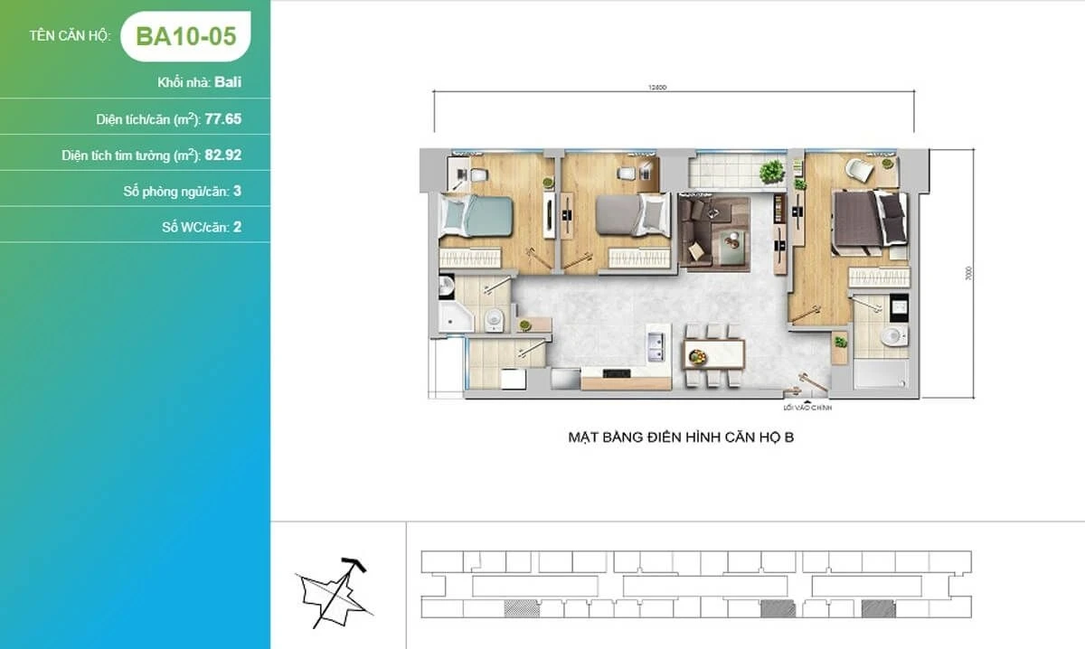 Bản vẽ mặt bằng căn hộ 3 phòng ngủ BA10-05 tháp Bali New City Thủ Thiêm