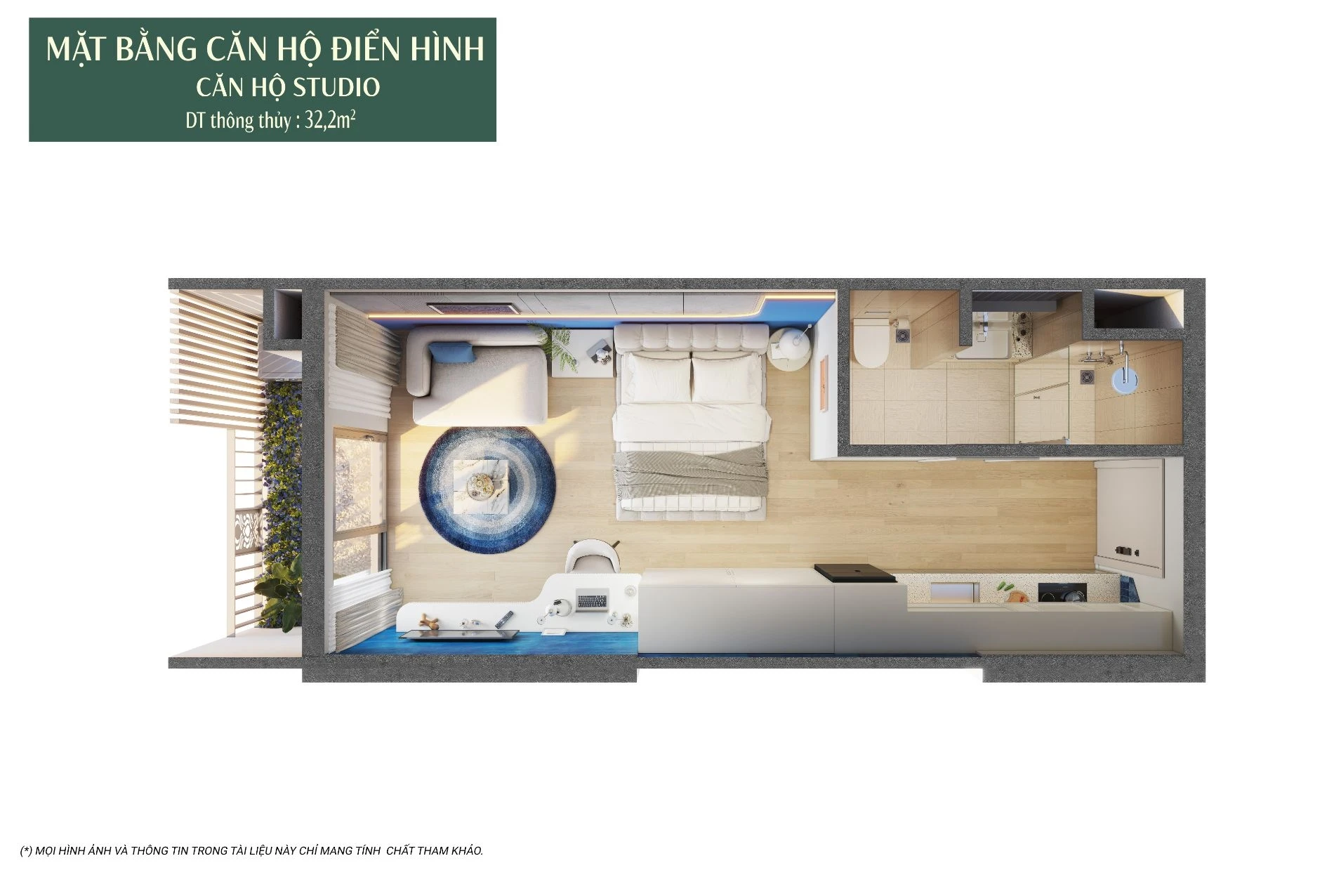 Layout thiết kế căn hộ Studio diện tích 32.2m2 tại dự án Festival Island Charmora City