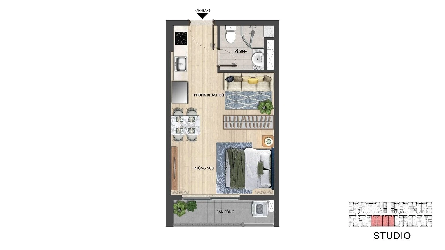 Bản vẽ bóc mái chi tiết căn hộ Studio diện tích nhỏ gọn tại The Pathway Sầm Sơn