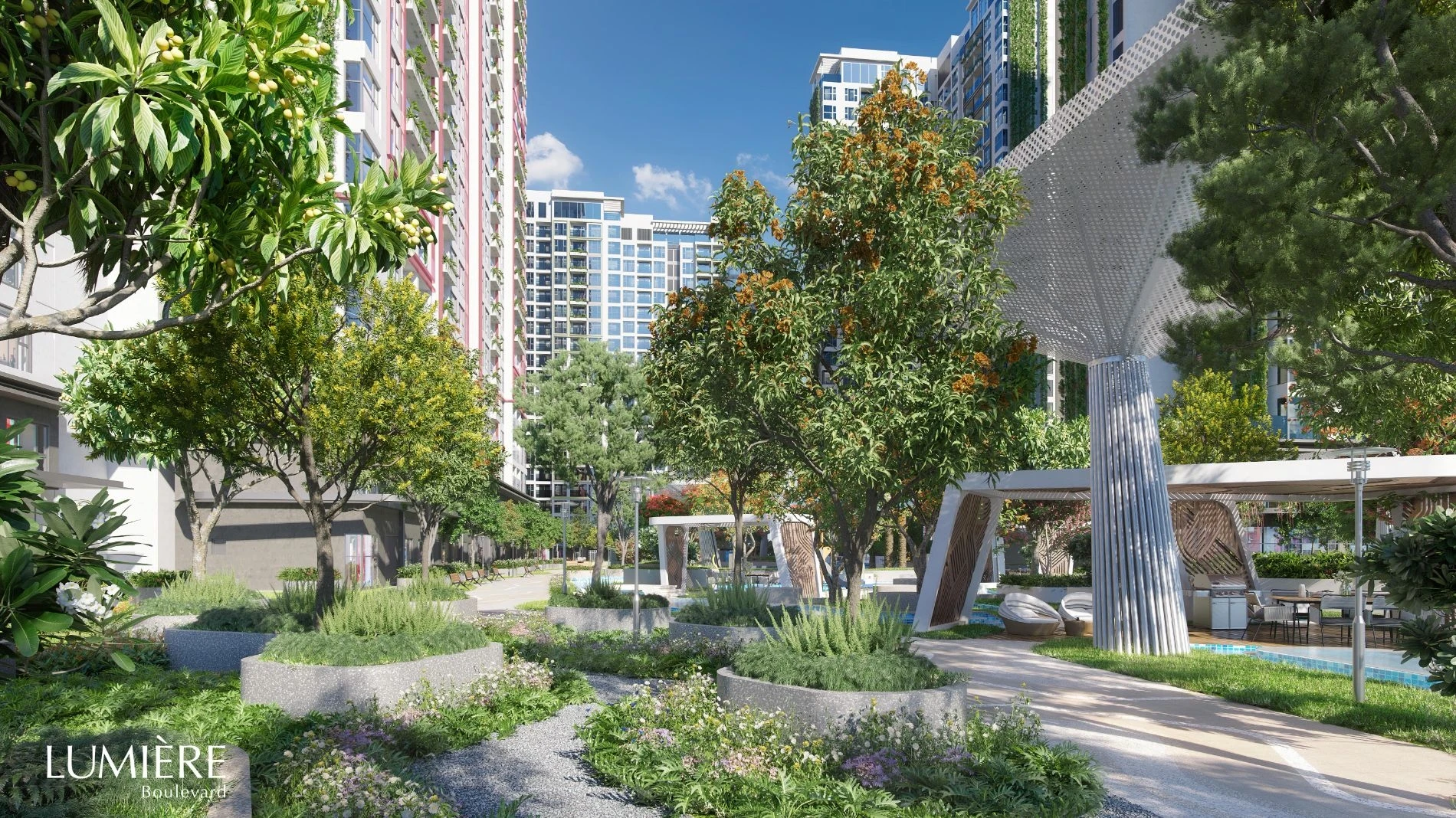 Đường dạo bộ cảnh quan với thảm thực vật phong phú tại Lumiere Boulevard