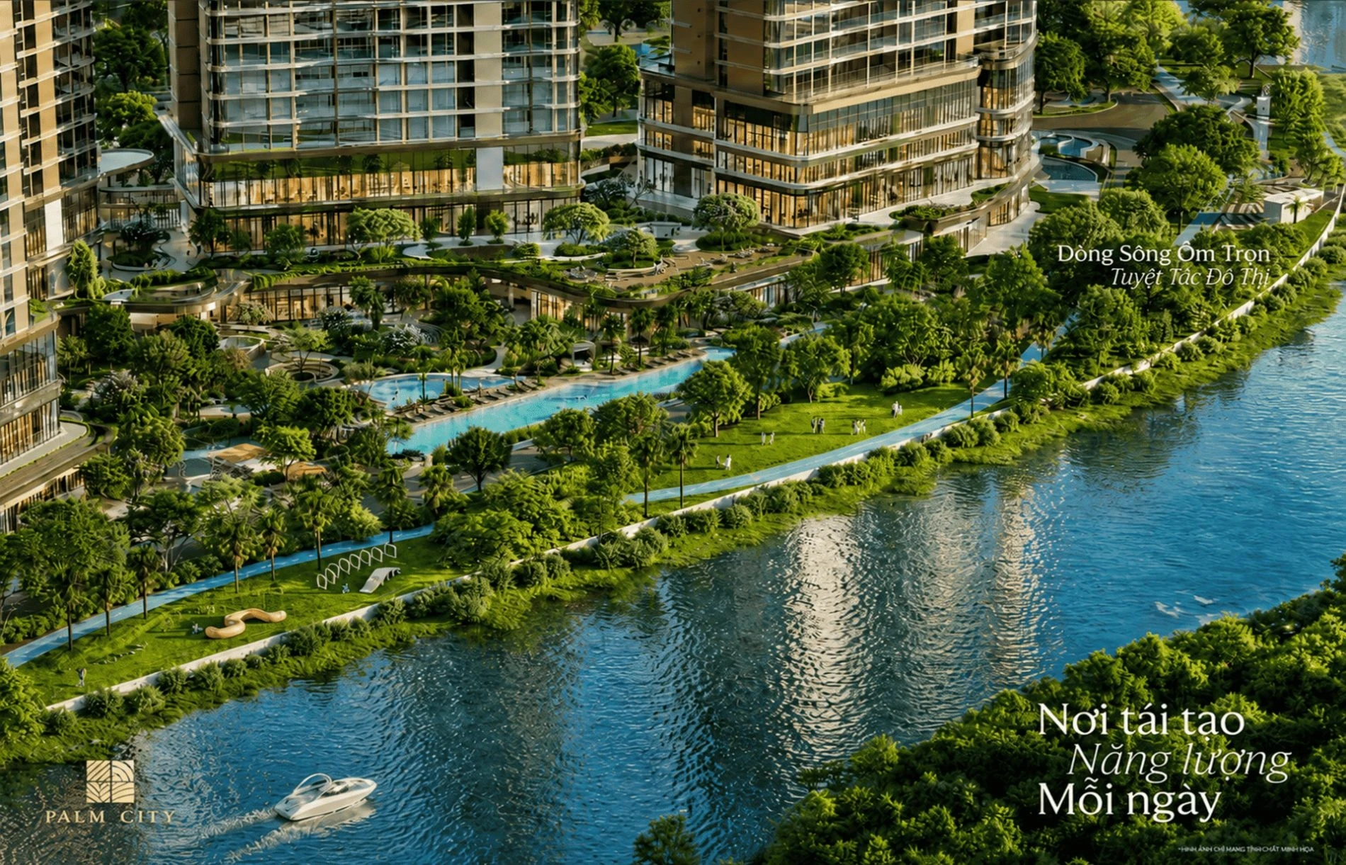 Toàn cảnh dòng sông Giồng Ông Tố uốn lượn bao quanh khu căn hộ cao cấp Palm City