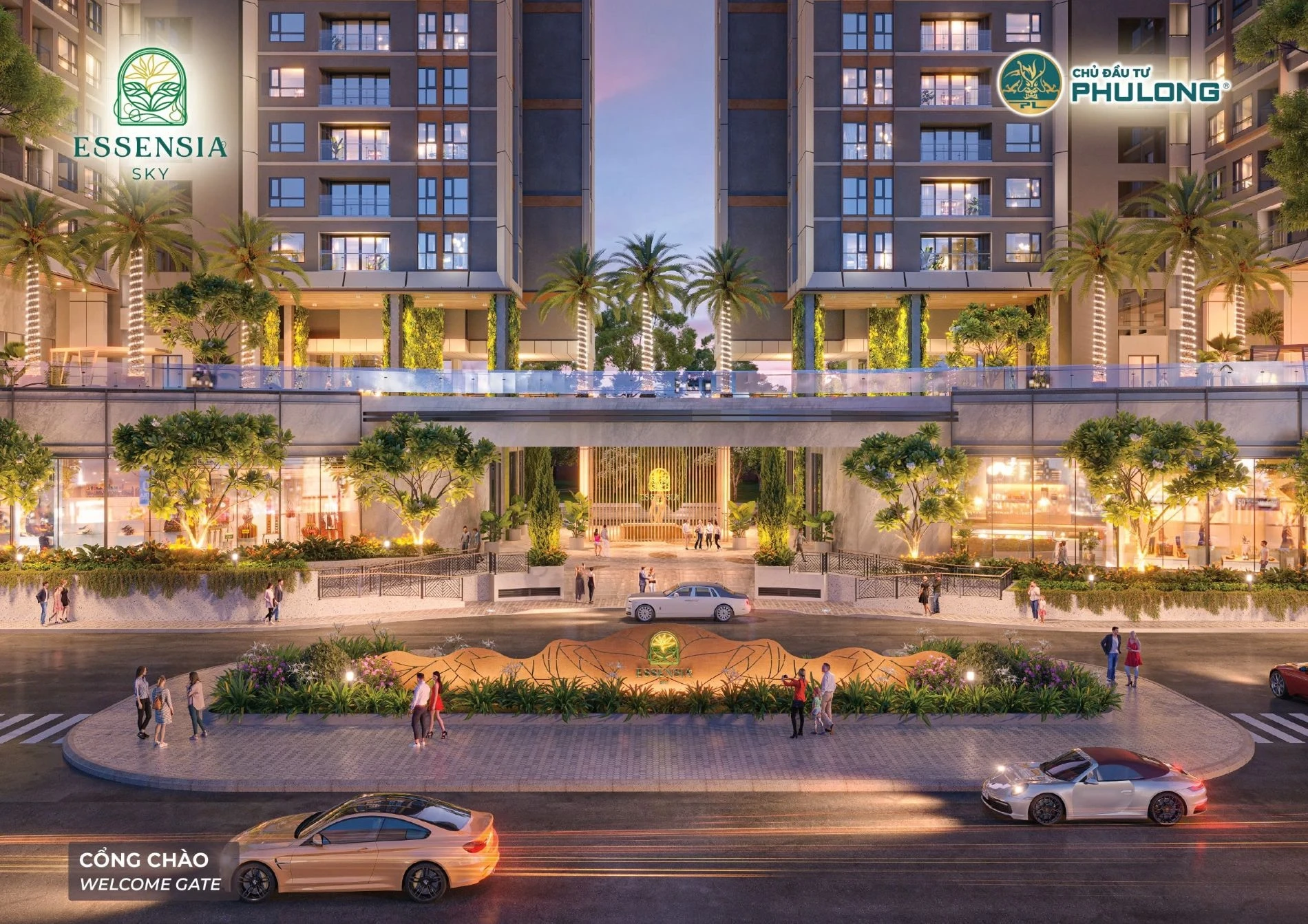 Phối cảnh cổng chào dự án Essensia Sky với thiết kế hiện đại và hệ thống an ninh nghiêm ngặt