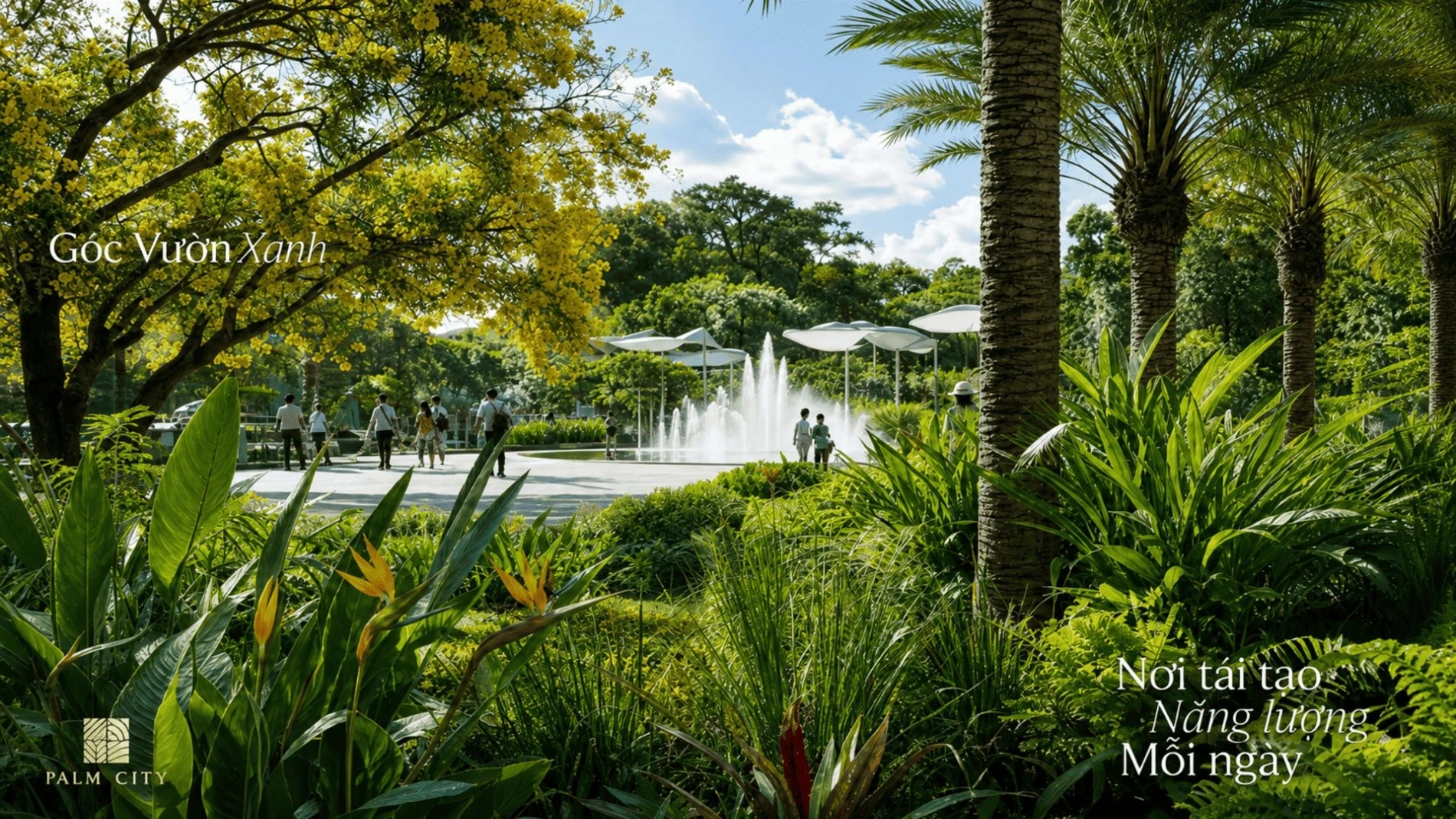 Cảnh quan vườn cây nhiệt đới xanh mát đan xen đài phun nước tại dự án Palm City