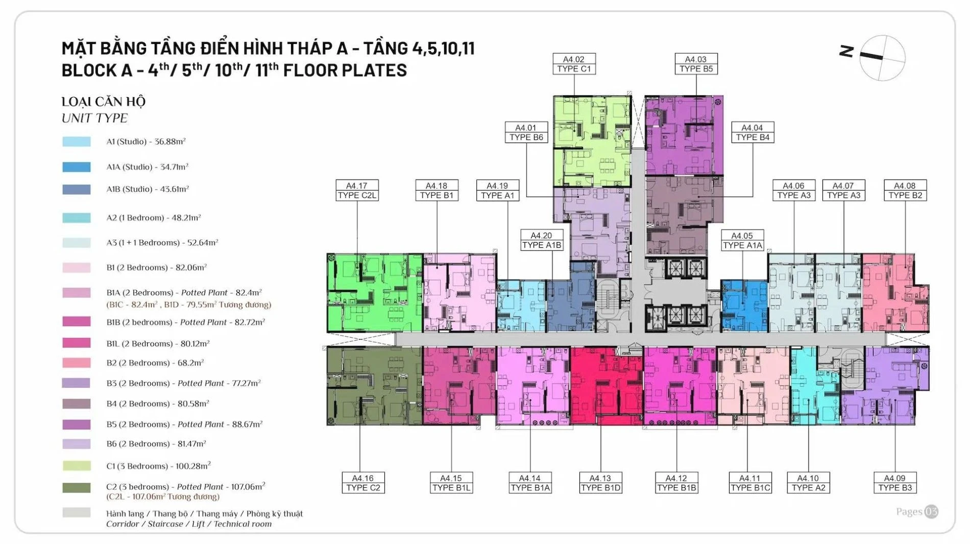 Mặt bằng tầng điển hình 4, 5, 10, 11 Block A Elysian Lò Lu với 20 căn trên một mặt sàn