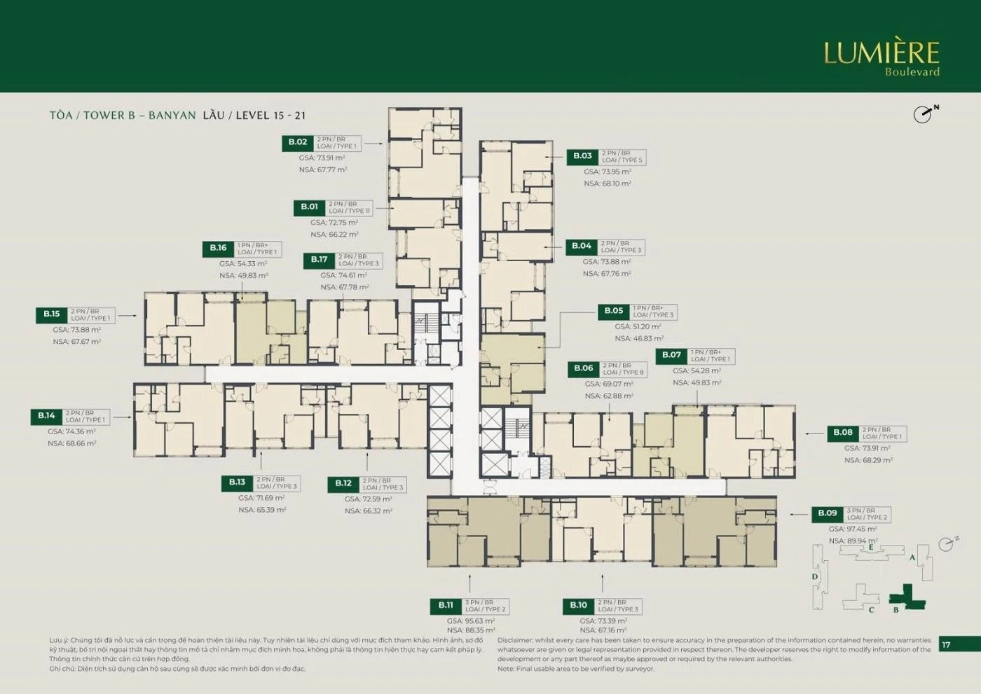 Sơ đồ mặt bằng tầng điển hình từ 15 đến 21 tháp B Banyan dự án Lumiere Boulevard