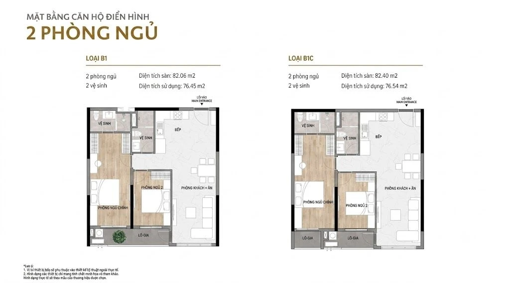 Mặt bằng layout căn hộ 2 phòng ngủ 2 WC loại B1 và B1C dự án Elysian Gamuda Land