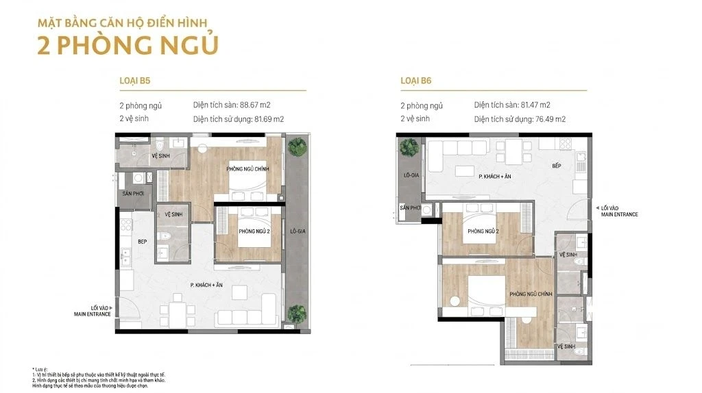 Bản vẽ mặt bằng thiết kế căn hộ 2 phòng ngủ loại B5 và B6 chung cư Elysian Thủ Đức