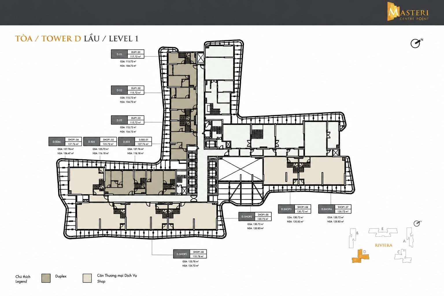 Sơ đồ mặt bằng lầu 1 Tòa D Masteri Centre Point bố trí các căn hộ duplex và shophouse tầng trên