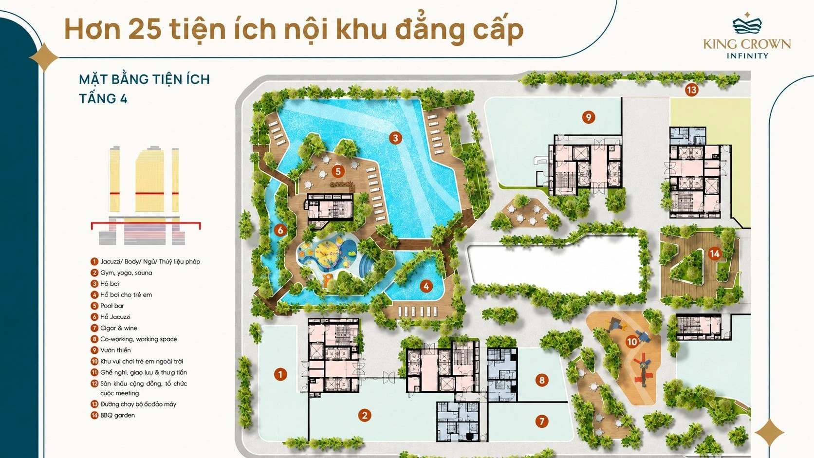 Sơ đồ bố trí mặt bằng tiện ích tầng 4 tại dự án King Crown Infinity Thủ Đức