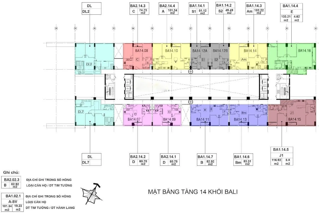 Mặt bằng bố trí căn hộ tầng 14 tháp Bali New City Thủ Thiêm