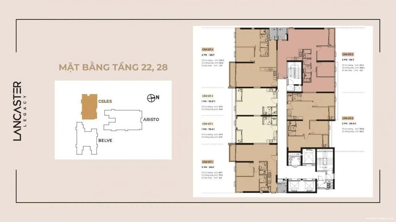 Chi tiết mặt bằng tầng 22 và 28 tháp Celes dự án Lancaster Legacy