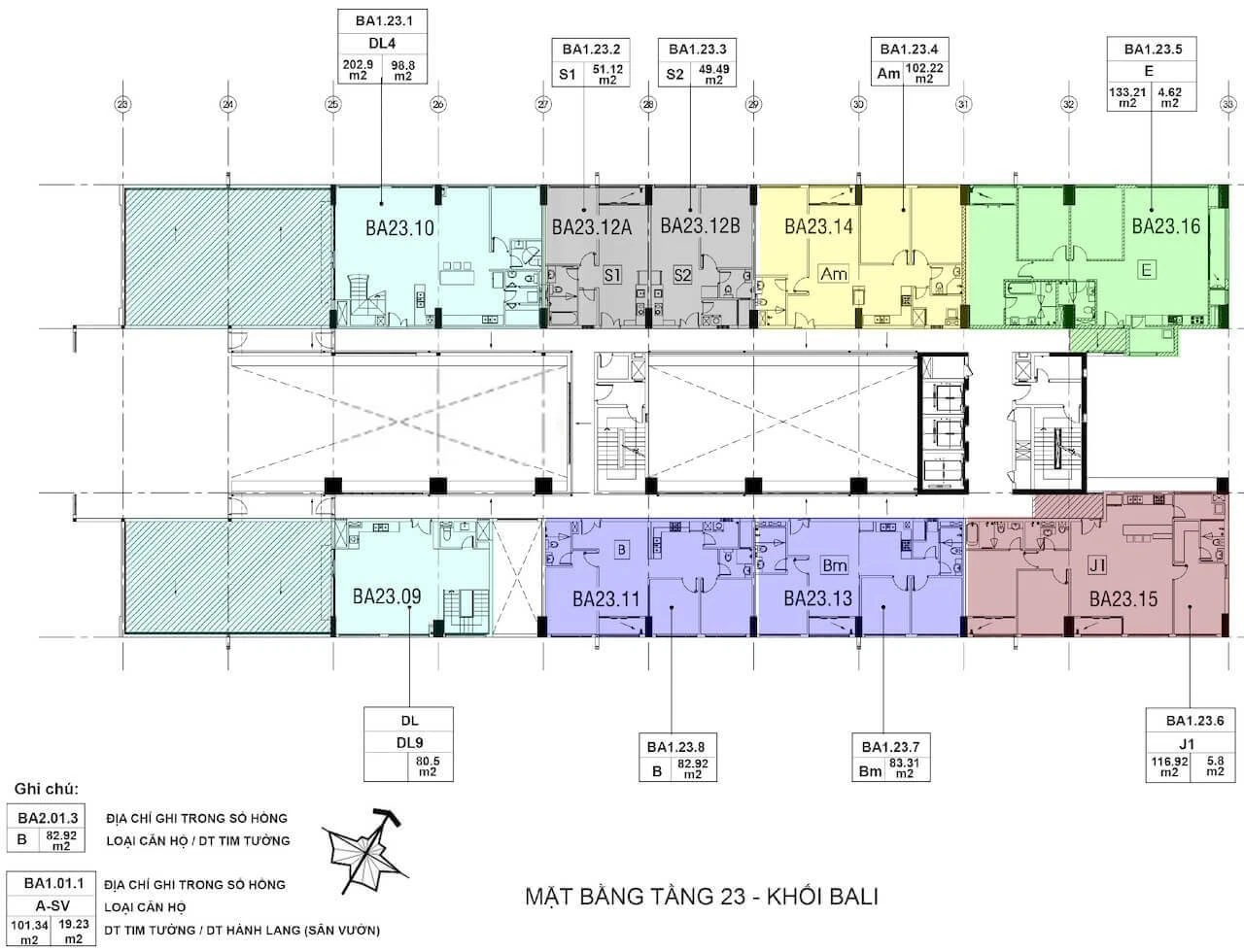 Mặt bằng bố trí căn hộ tầng 23 khối Bali New City Thủ Thiêm