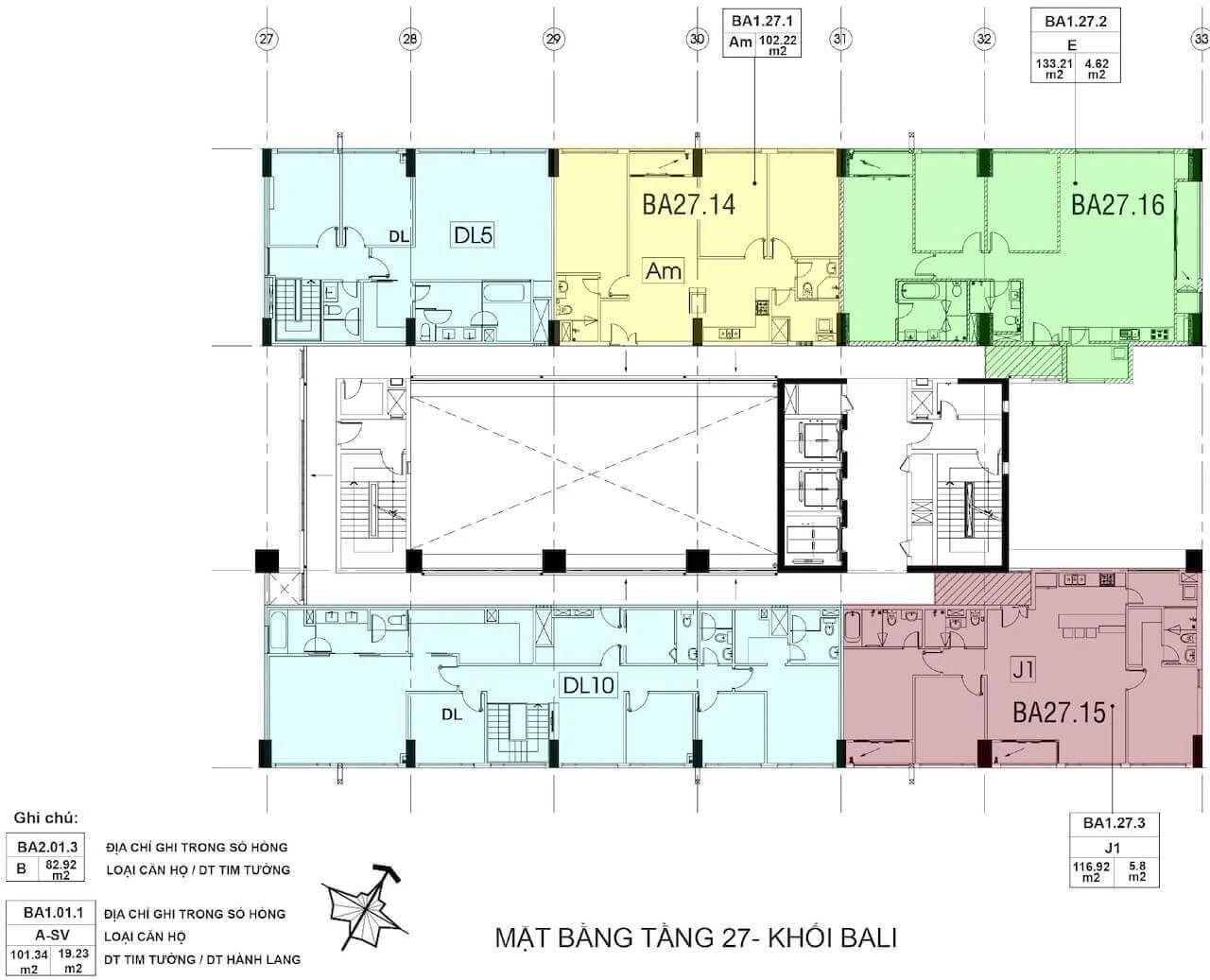 Mặt bằng bố trí căn hộ tầng 27 khối Bali New City Thủ Thiêm