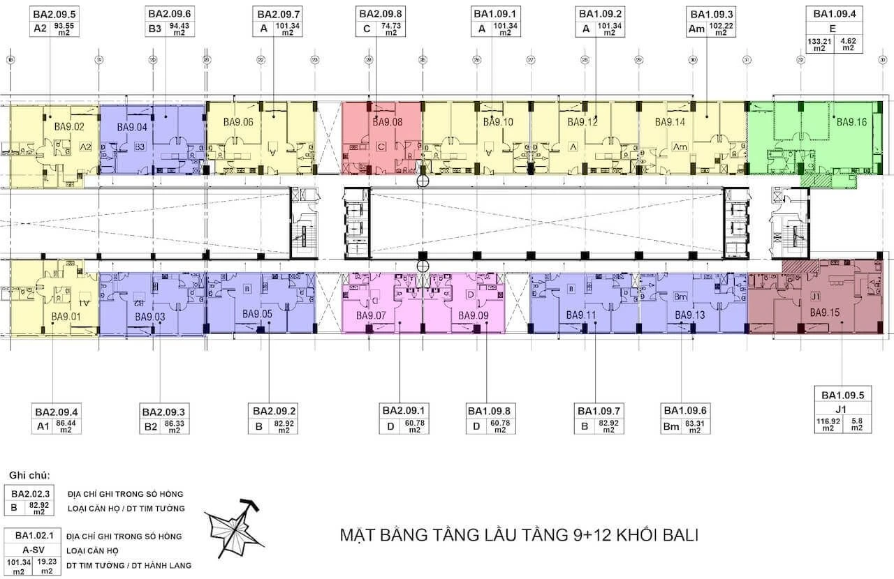 Sơ đồ phân bổ căn hộ tầng 9 và 12 tháp Bali New City Thủ Thiêm