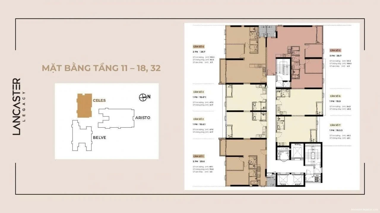 Sơ đồ mặt bằng tầng 11 đến 18 và tầng 32 tháp Celes dự án Lancaster Legacy