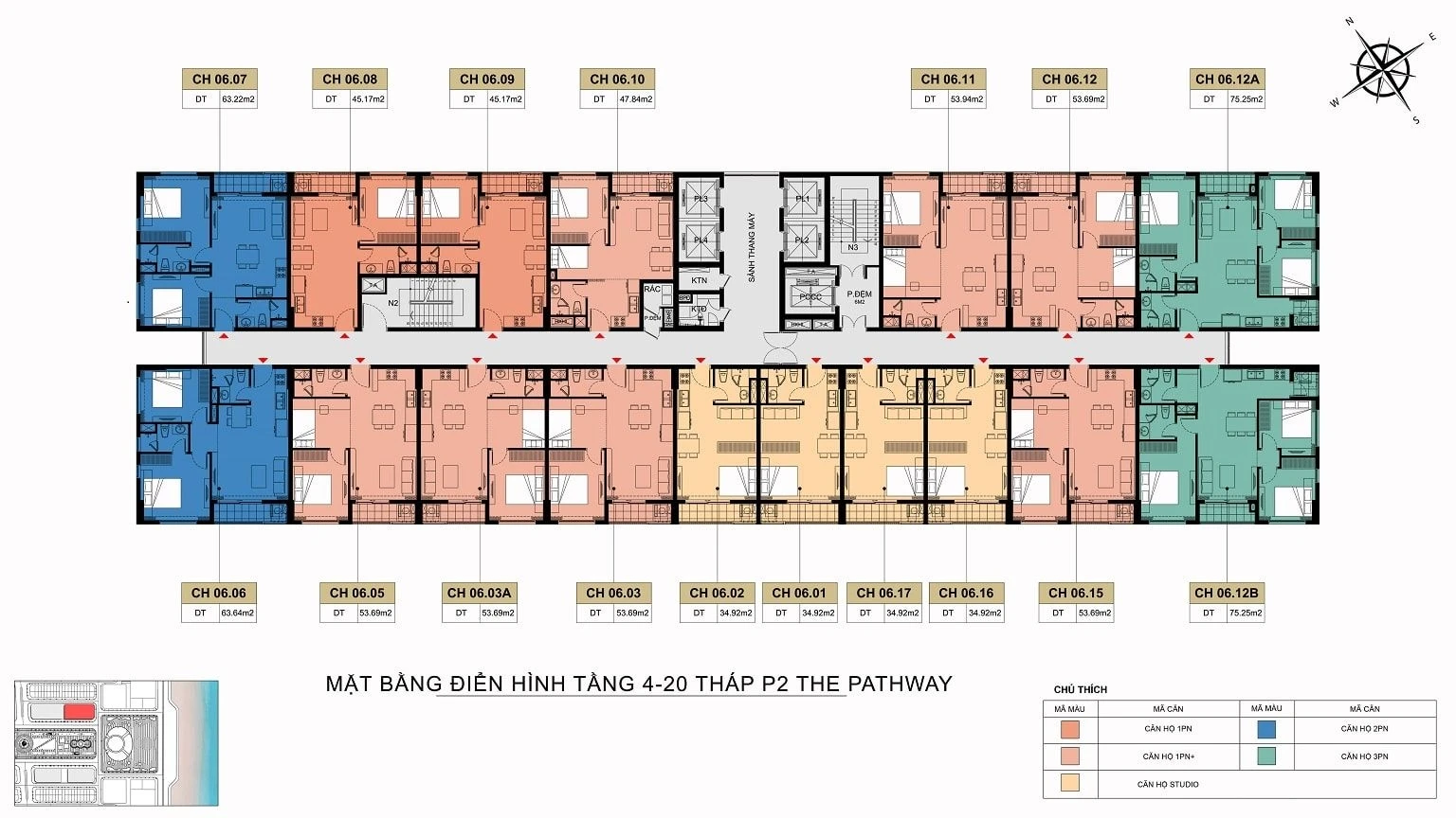 Chi tiết mặt bằng tầng điển hình tháp P2 dự án The Pathway Sầm Sơn với cơ cấu căn hộ đa dạng