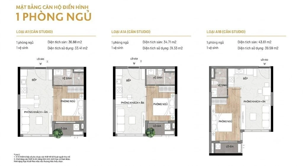 Bản vẽ layout mặt bằng căn hộ studio loại A1, A1A, A1B dự án Elysian Lò Lu Thủ Đức