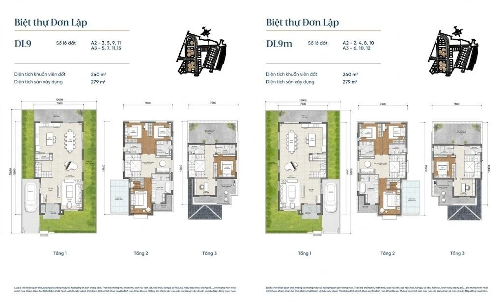 Sơ đồ bố trí mặt bằng biệt thự đơn lập mã DL9 và DL9m diện tích đất 240m2