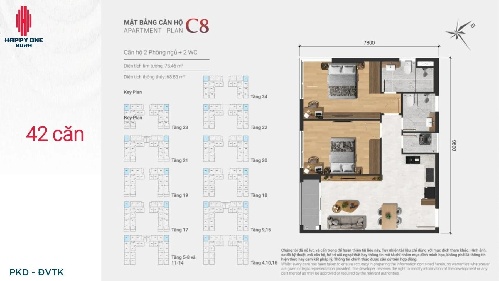Bản vẽ layout căn hộ 2 phòng ngủ loại C8 dự án Happy One Sora
