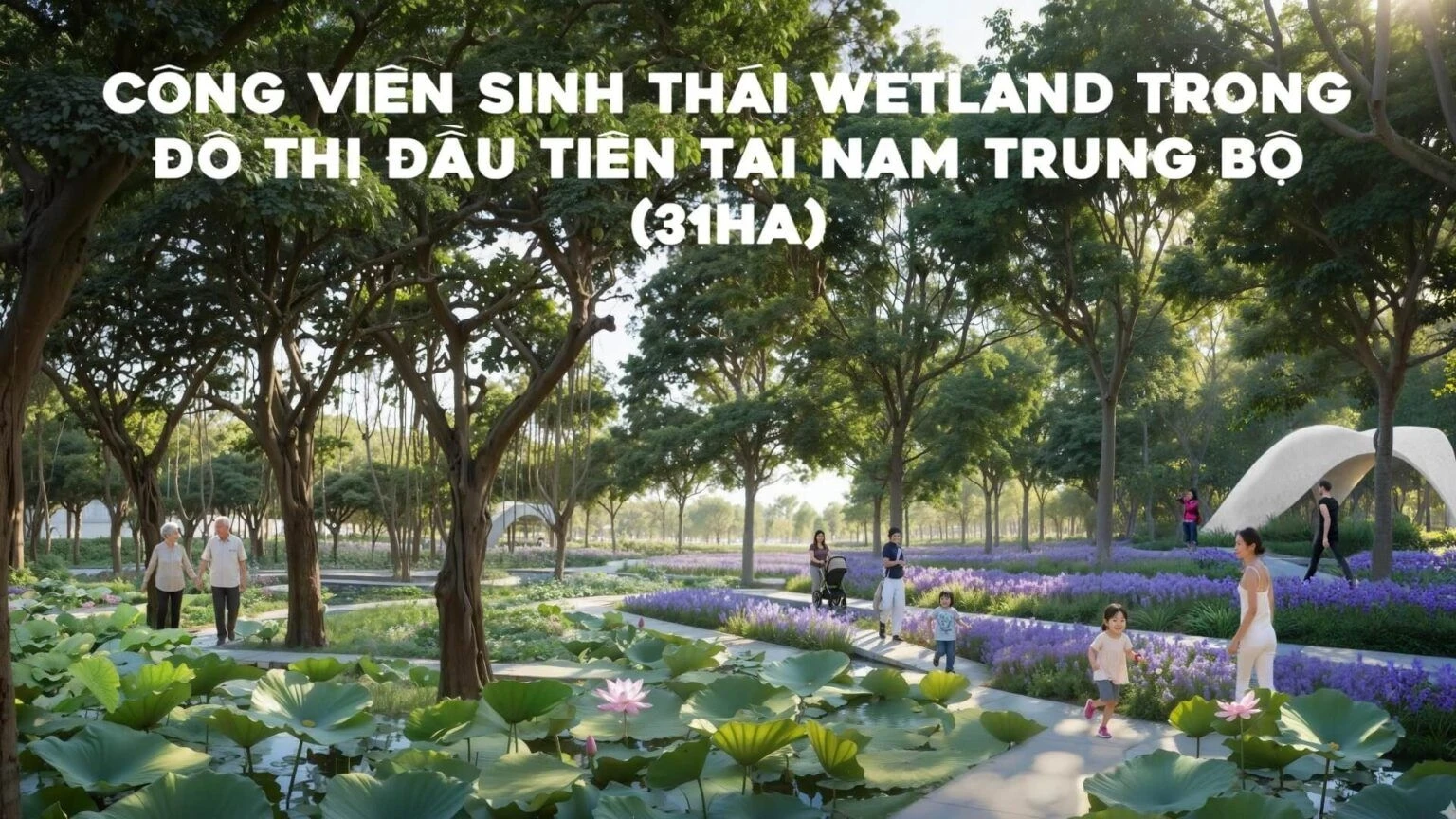 Con đường dạo bộ lát đá xuyên qua vườn hoa và hồ sen tại công viên sinh thái