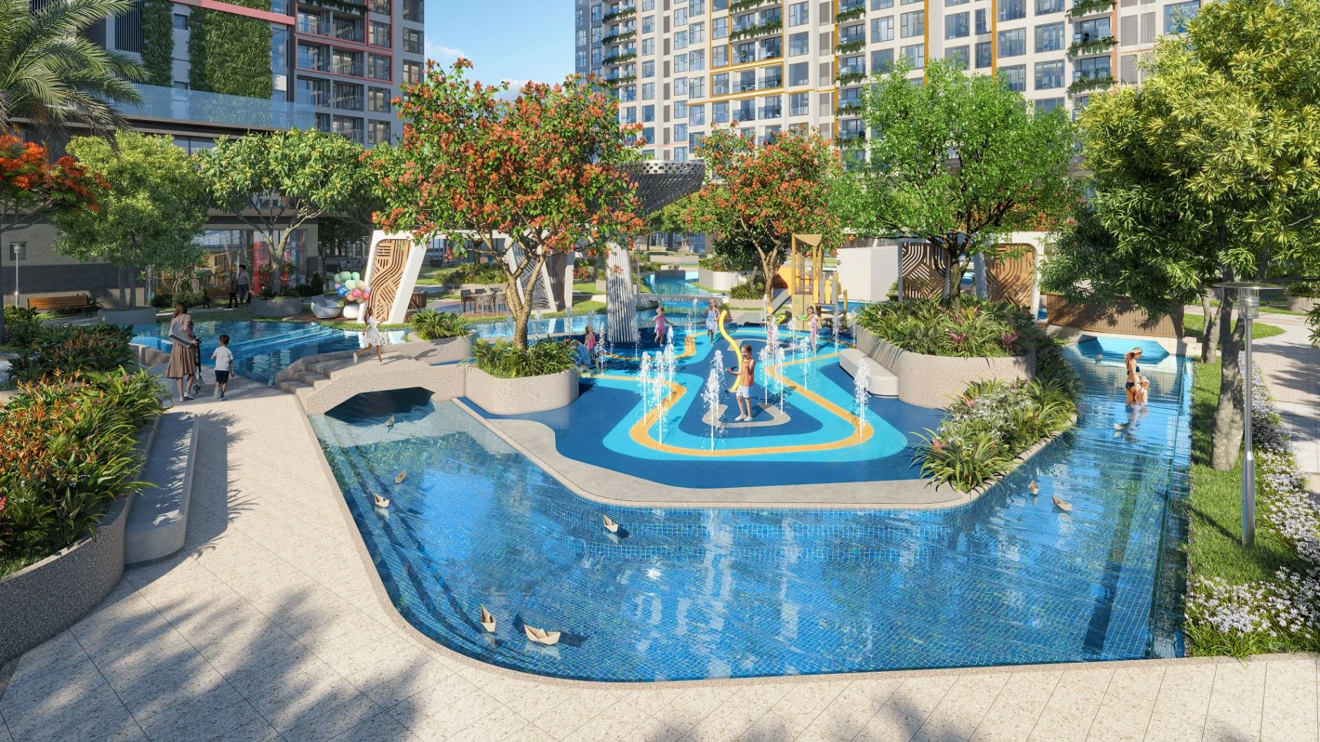 Trẻ em nô đùa tại khu vực hồ bơi nước cạn của Lumiere Boulevard