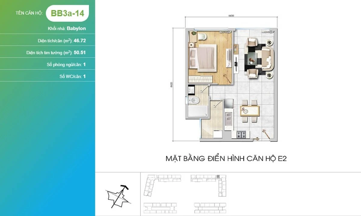 Layout thiết kế căn hộ 1 phòng ngủ mã BB3a-14 diện tích 50.51 m2 dự án New City Thủ Thiêm