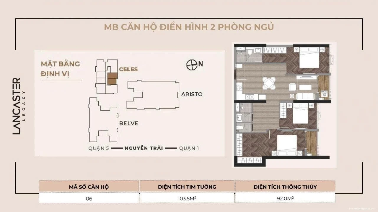 Layout mặt bằng căn hộ 2 phòng ngủ diện tích 103.5m2 tại Lancaster Legacy