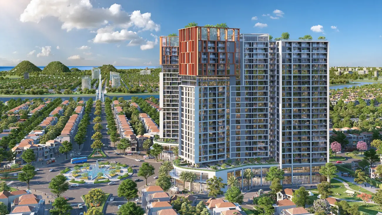 Phối cảnh Cora Tower, biểu tượng sống hiện đại giữa trung tâm đô thị Sun NeO City, Đà Nẵng.
