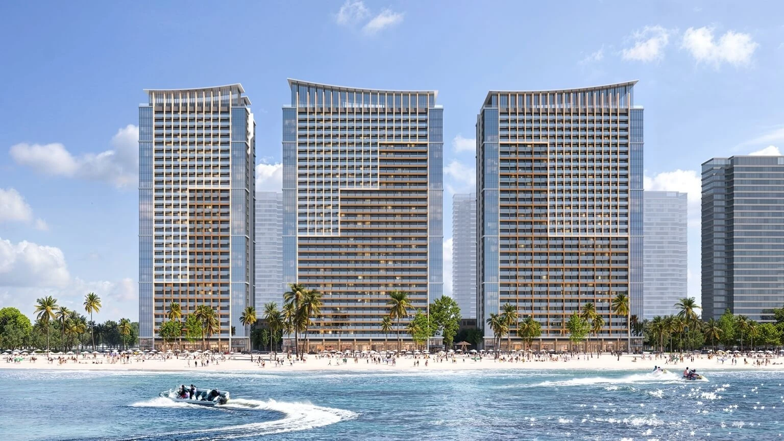 Phối cảnh kiến trúc mặt ngoài 3 tòa tháp C1, C2, C3 dự án Sun Centro Town Hạ Long nhìn từ hướng biển