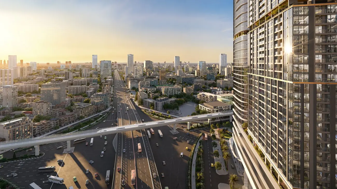 Phối cảnh Sun Feliza Suites tại trung tâm Cầu Giấy, kết nối giao thông thuận tiện và tiện ích đa dạng.