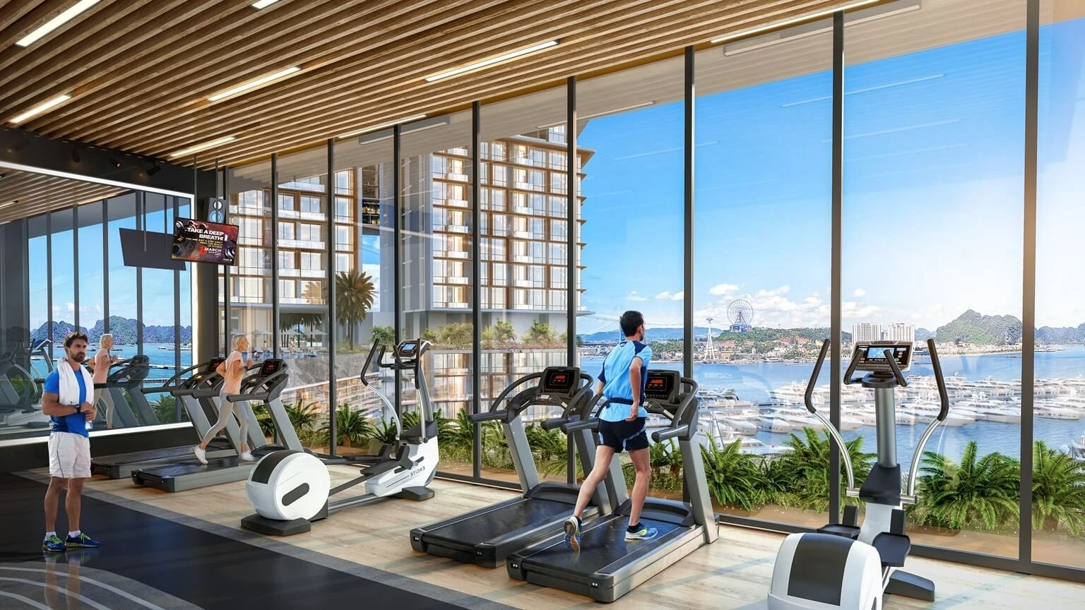 Phòng tập Gym trang bị máy móc hiện đại hướng tầm nhìn ra vịnh biển