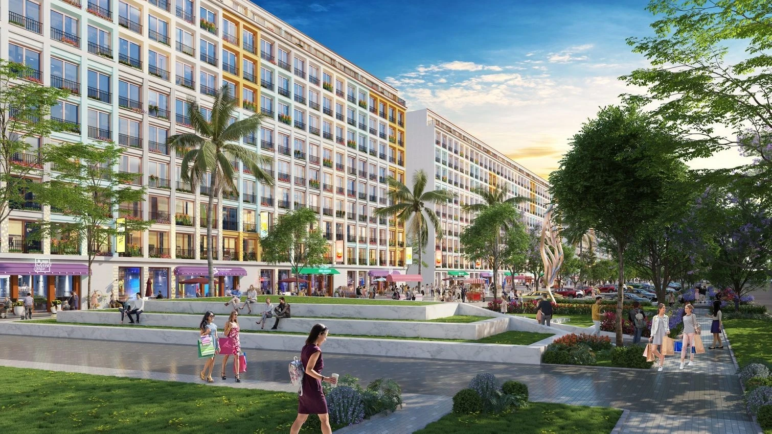 Tuyến đường dạo bộ rợp bóng cây xanh dọc theo khu vực shophouse thương mại