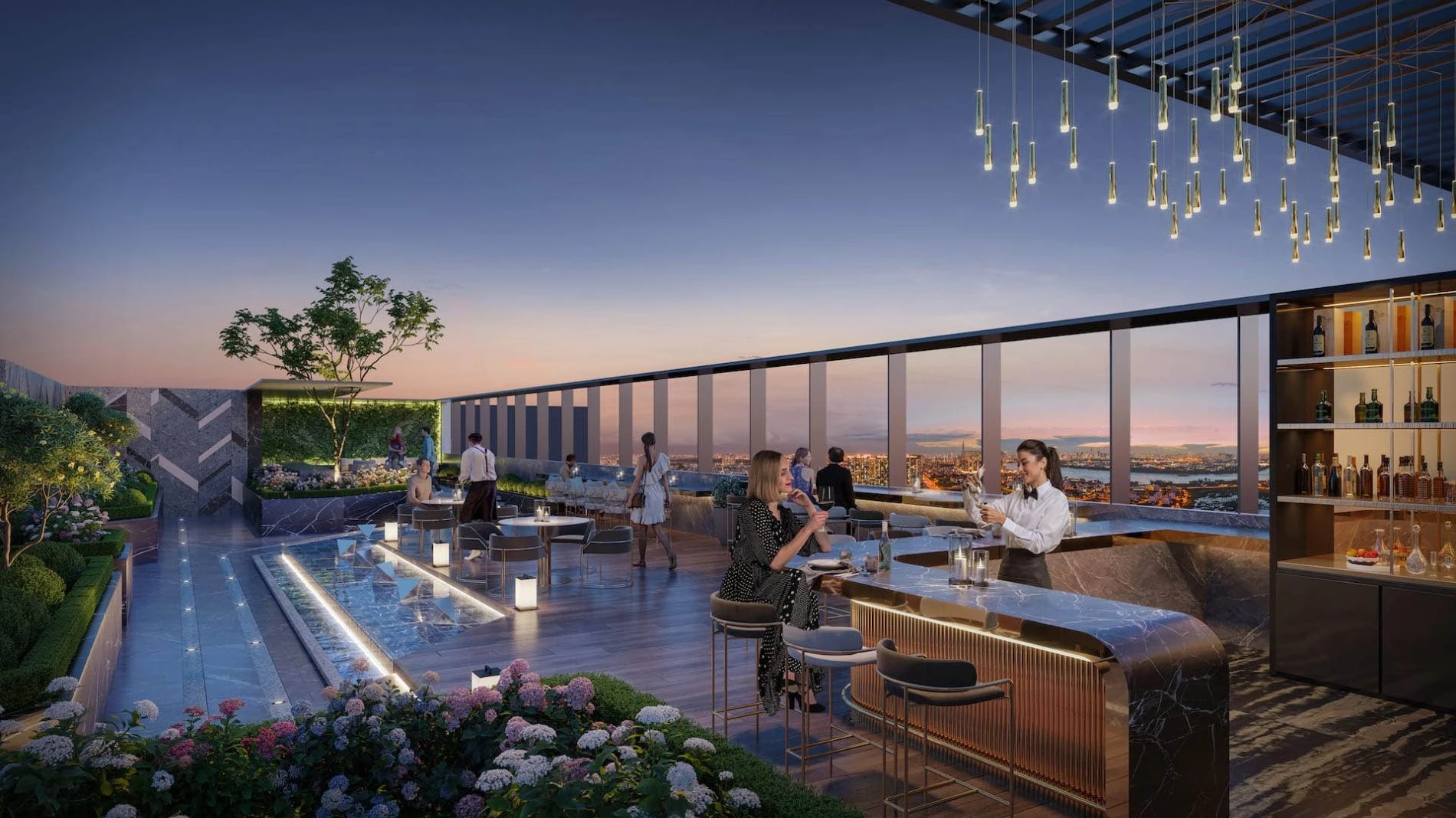 Cư dân tận hưởng không gian Sky Bar sang trọng tại tầng thượng dự án Lancaster Legacy lúc hoàng hôn