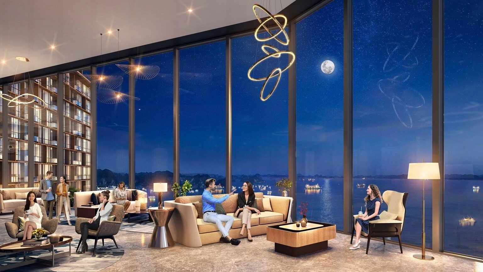 Không gian Sky Lounge sang trọng với tầm nhìn ngắm cảnh biển về đêm
