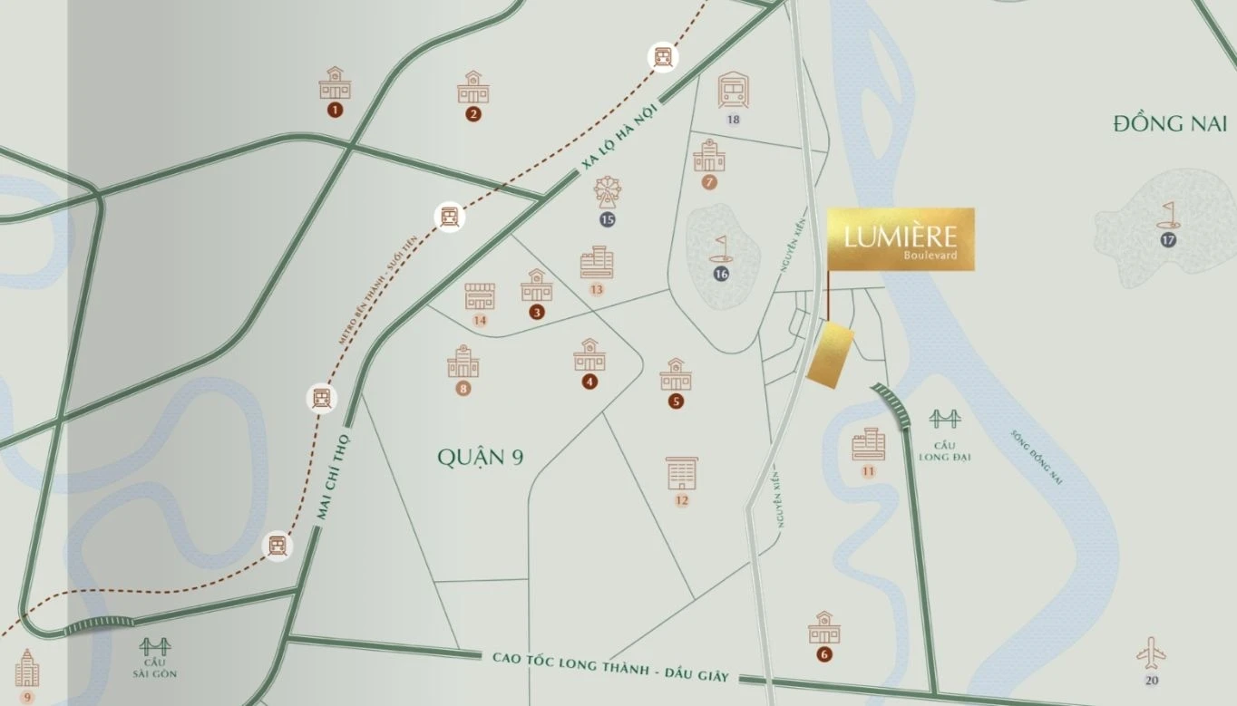 Bản đồ kết nối giao thông và hạ tầng trọng điểm bao quanh vị trí dự án Lumiere Boulevard tại thành phố Thủ Đức