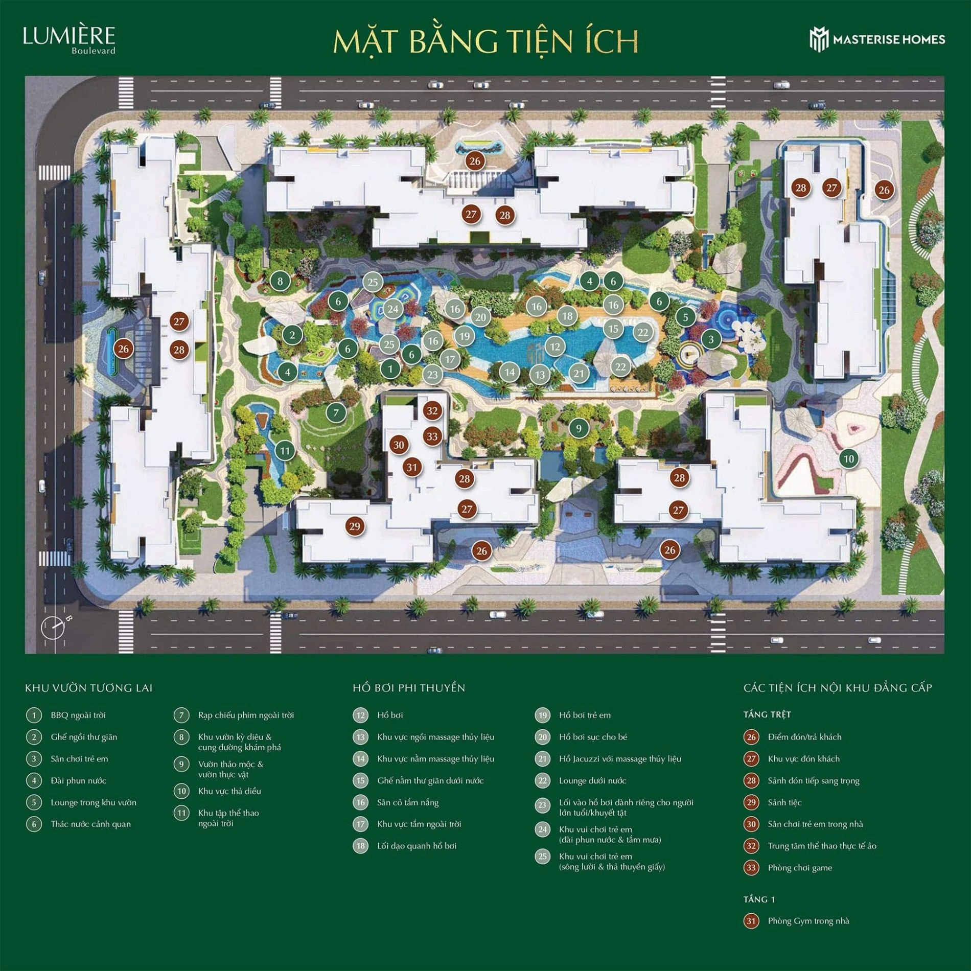 Sơ đồ mặt bằng chi tiết 33 tiện ích nội khu tại dự án căn hộ Lumiere Boulevard