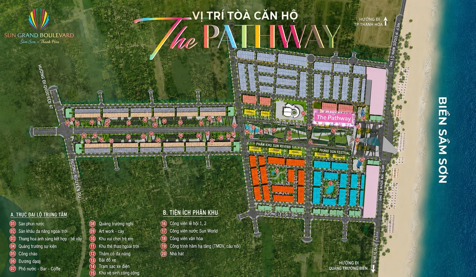 Bản đồ quy hoạch tổng thể hệ thống tiện ích nội khu và ngoại khu của dự án The Pathway Sầm Sơn