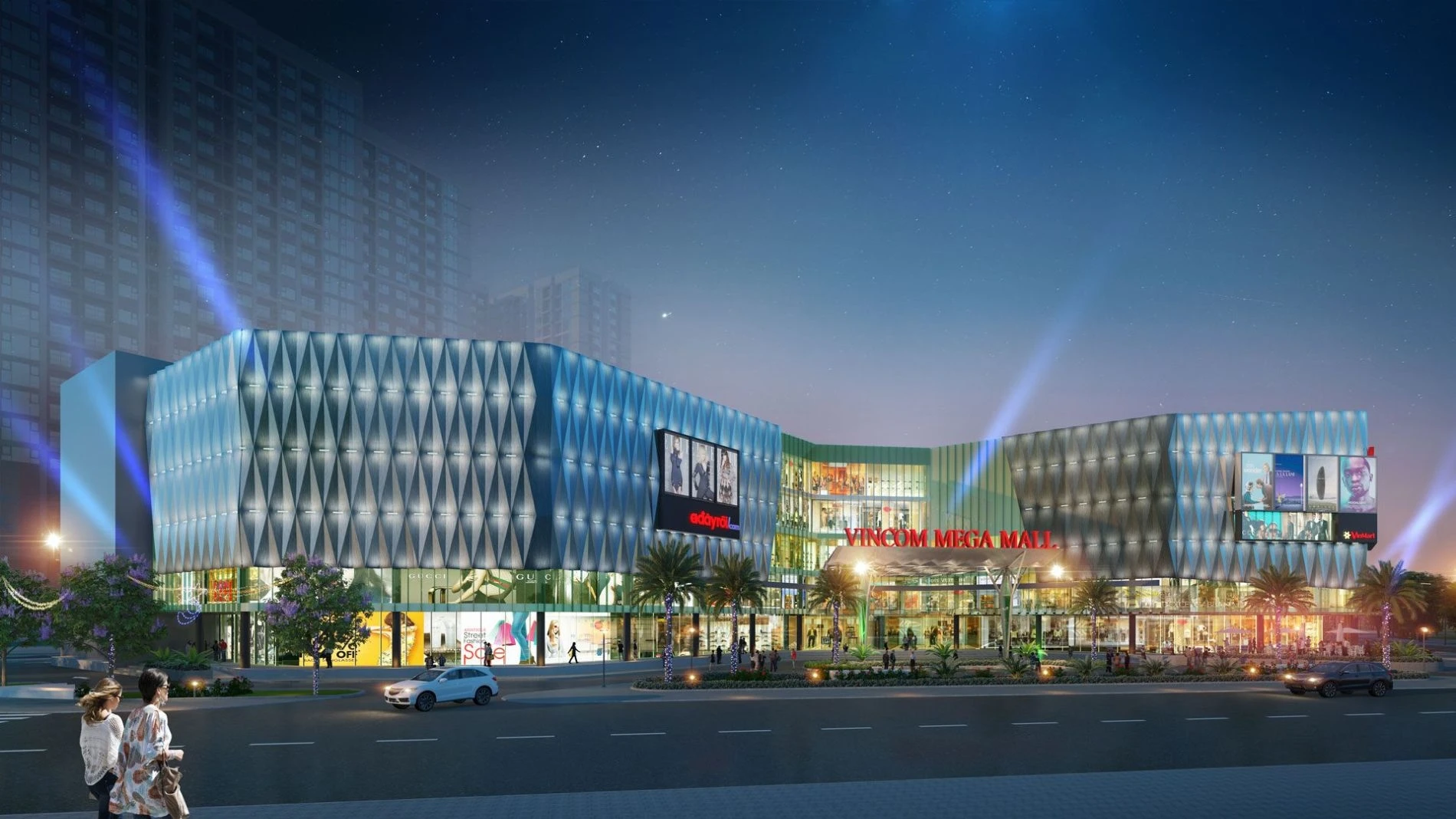 Phối cảnh ban đêm trung tâm thương mại Vincom Mega Mall kế cận Lumiere Boulevard