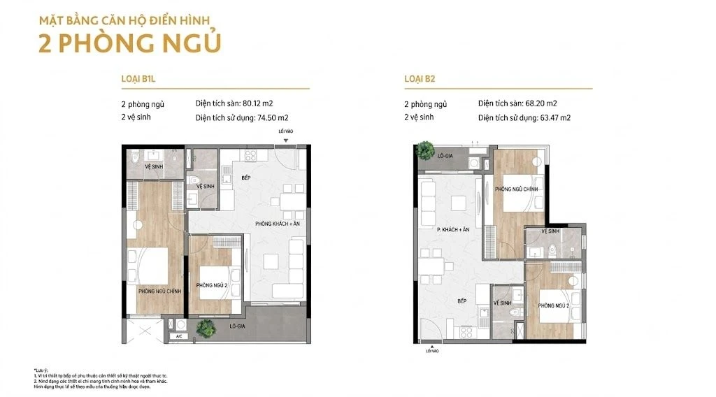 Bản vẽ layout mặt bằng căn hộ 2 phòng ngủ loại B1L và B2 dự án Elysian Gamuda Land