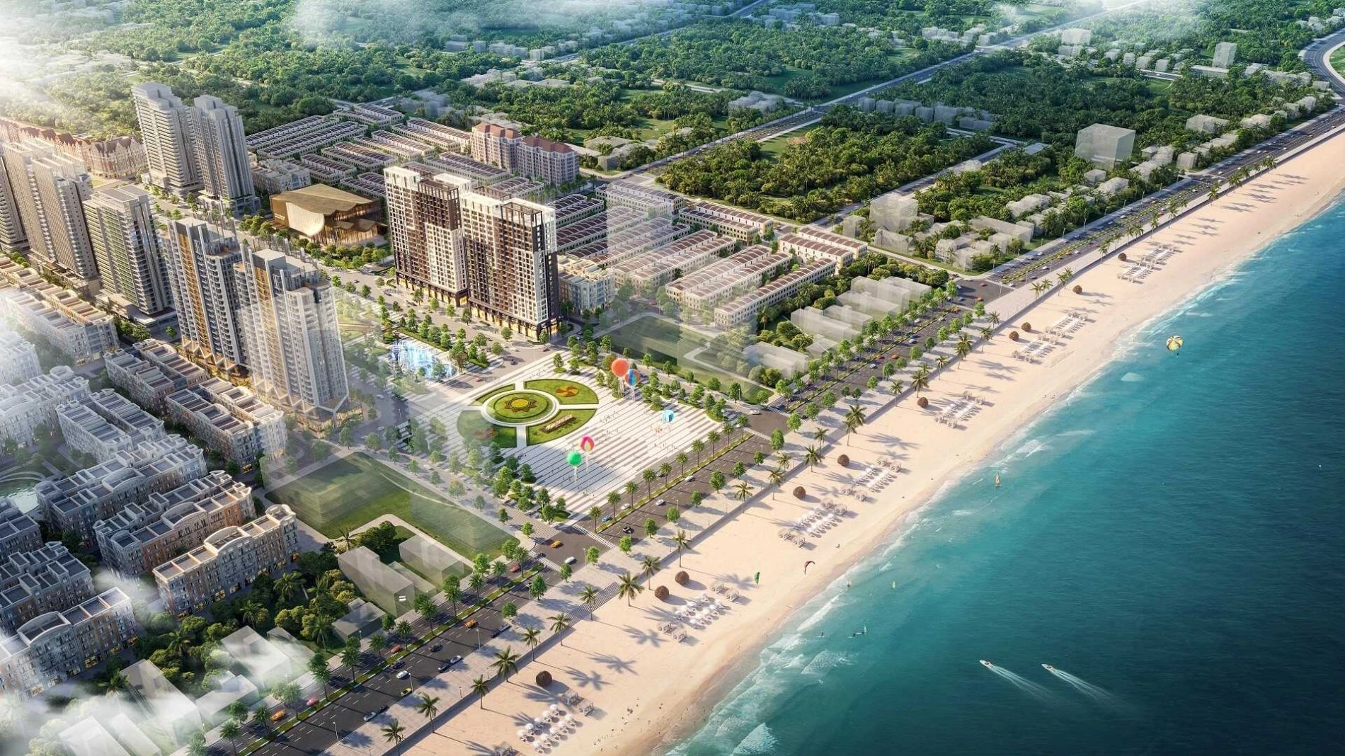 Phối cảnh 3D vị trí dự án The Pathway Sầm Sơn với tầm nhìn trực diện ra biển và quảng trường