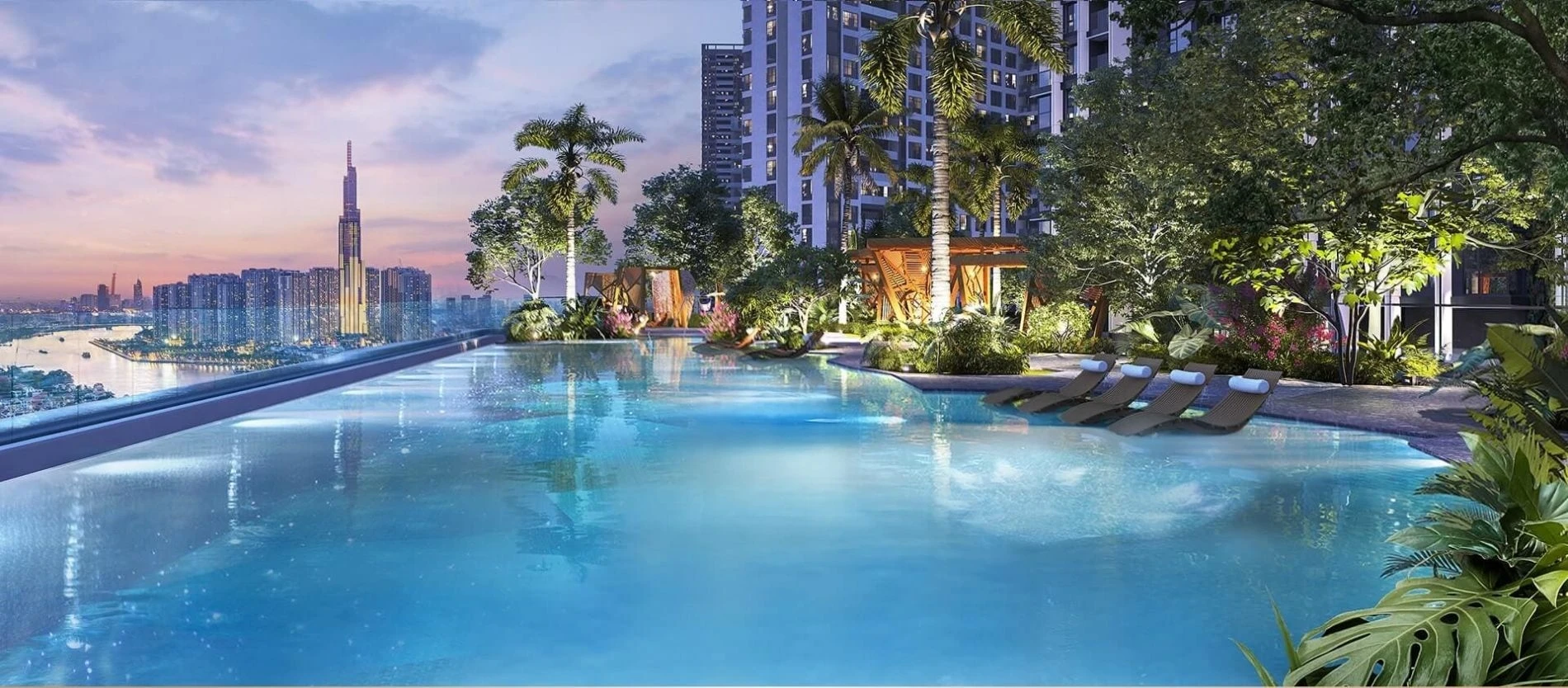 Tầm nhìn từ hồ bơi vô cực Lumière Riverside hướng về Landmark 81 và sông Sài Gòn