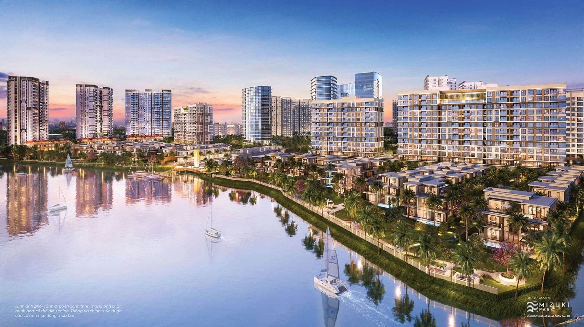 Phối cảnh tổng thể dự án khu đô thị Mizuki Park giáp sông và hệ thống kênh đào sinh thái